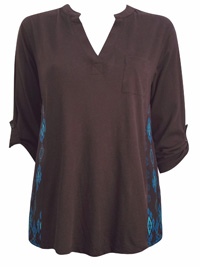 Natural Reflections CHOCOLATE Printed Woven Back Roll Sleeve Top - Size Medium to 2X (US 8/10 to 20/22W) Natural Reflections CHOCOLATE Printed Woven Back Roll Sleeve Top - Size Medium to 2X (US 8/10 to 20/22W)