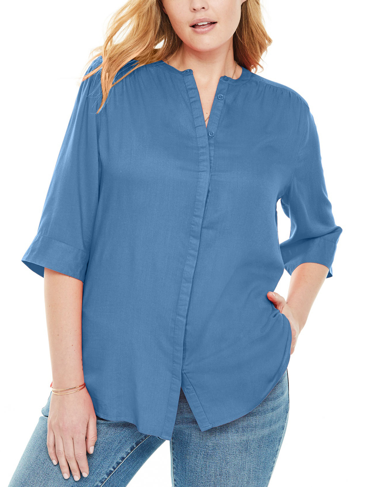 Woman Within - - DUSTY-INDIGO Button Down Mandarin Tunic Shirt - Plus ...