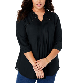 BLACK Studded Pintuck Blouse - Plus Size 36/38 to 40/42 (US M to 5X)