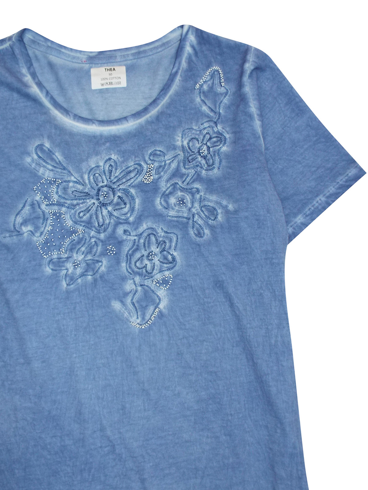 Thea 42 Plus - - Thea BLUE Pure Cotton Dyed Floral Embroidered T-Shirt ...