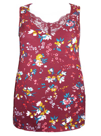 Blancheporte BURGUNDY Floral Print Lace Trim Cami Top - Size 8 to 26 (EU 36 to 54)
