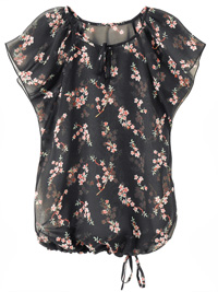 Blancheporte BLACK Floral Print Flounce Sleeve Tie Hem Blouson Top - Plus Size 12 to 28 (EU 38 to 54) Blancheporte BLACK Floral Print Flounce Sleeve Tie Hem Blouson Top - Plus Size 12 to 28 (EU 38 to 54)