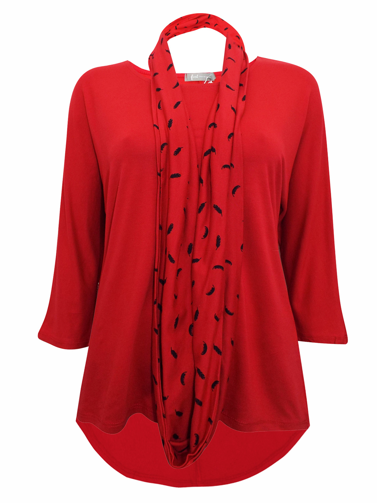First Avenue RED 3/4 Sleeve Jersey Top & Feather Print Snood - Plus ...