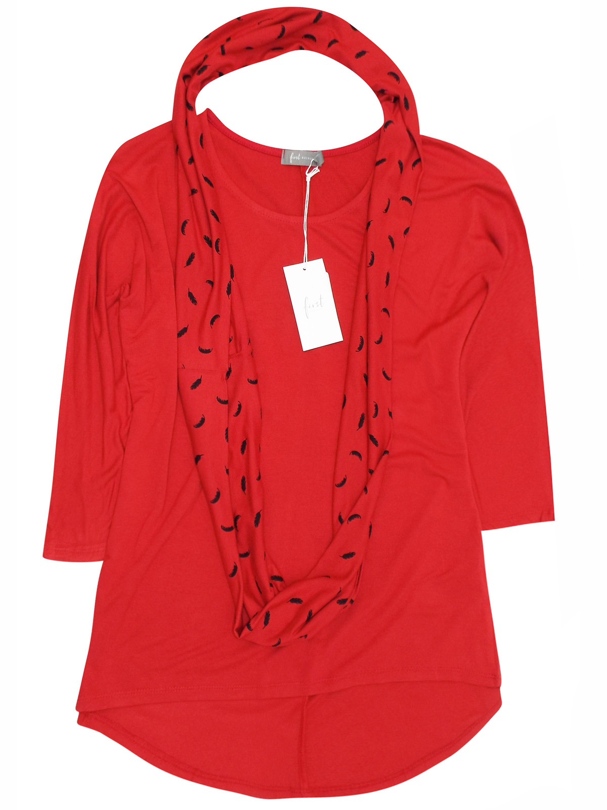 First Avenue RED 3/4 Sleeve Jersey Top & Feather Print Snood - Plus ...