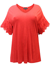 RED-POPPY Broderie Trim Short Sleeve Top - Plus Size 16 to 22