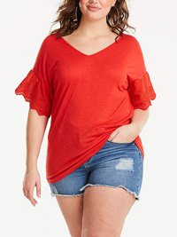 RED-POPPY Broderie Trim Short Sleeve Top - Plus Size 20 to 24