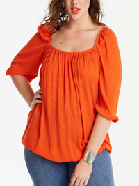 DEEP-ORANGE Square Neck Crinkle Puff Sleeve Top - Plus Size 12 to 16