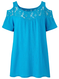 TURQUOISE Cold Shoulder Crinkle Blouse - Plus Size 14 to 18