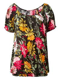 BLACK Floral Print Shirred Hem Gypsy Top - Plus Size 16 to 18