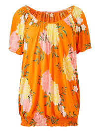 ORANGE Floral Print Shirred Hem Gypsy Top - Plus Size 16 to 28
