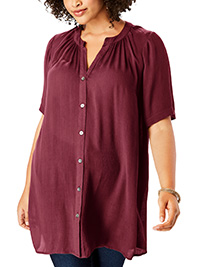 Roamans DEEP-BURGUNDY Crinkle Button Through Angelina Tunic - Plus Size 14 to 38 (US 12W to 36W)