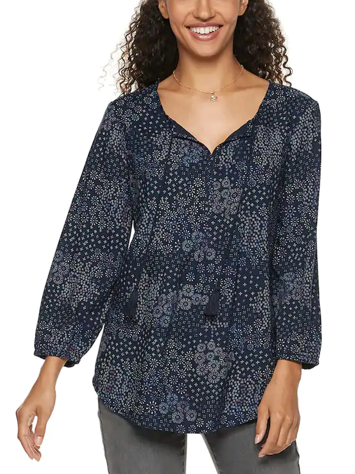 SONOMA - - SONOMA NAVY Printed Pintuck Boho Style Top - Plus Size