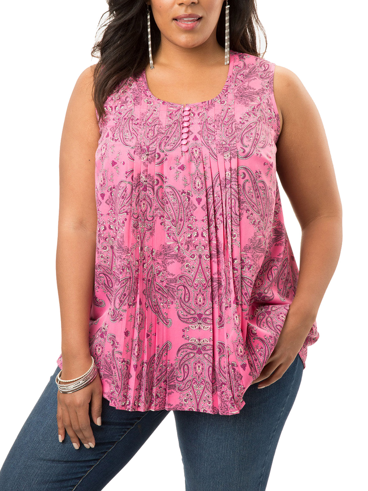 Roaman's - - Roamans PINK Sleeveless Paisley Print Pleated Top - Plus ...