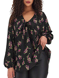 BLACK Floral Print Long Sleeve Tie Front Top - Size 10 to 16