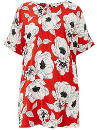 Capsule RED Floral Print Longline Drop Sleeve Top - Plus Size 16 to 22