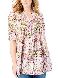 Roamans PURPLE Floral High-Low Pintuck Cotton Tunic - Plus Size 16 to 32 (US 14W to 30W)