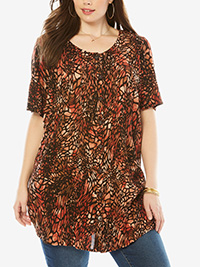 Roamans BROWN Animal Print Angelina Scoop Neck Crinkle Crepe Tunic - Plus Size 16 to 38 (US 14W to 36W)