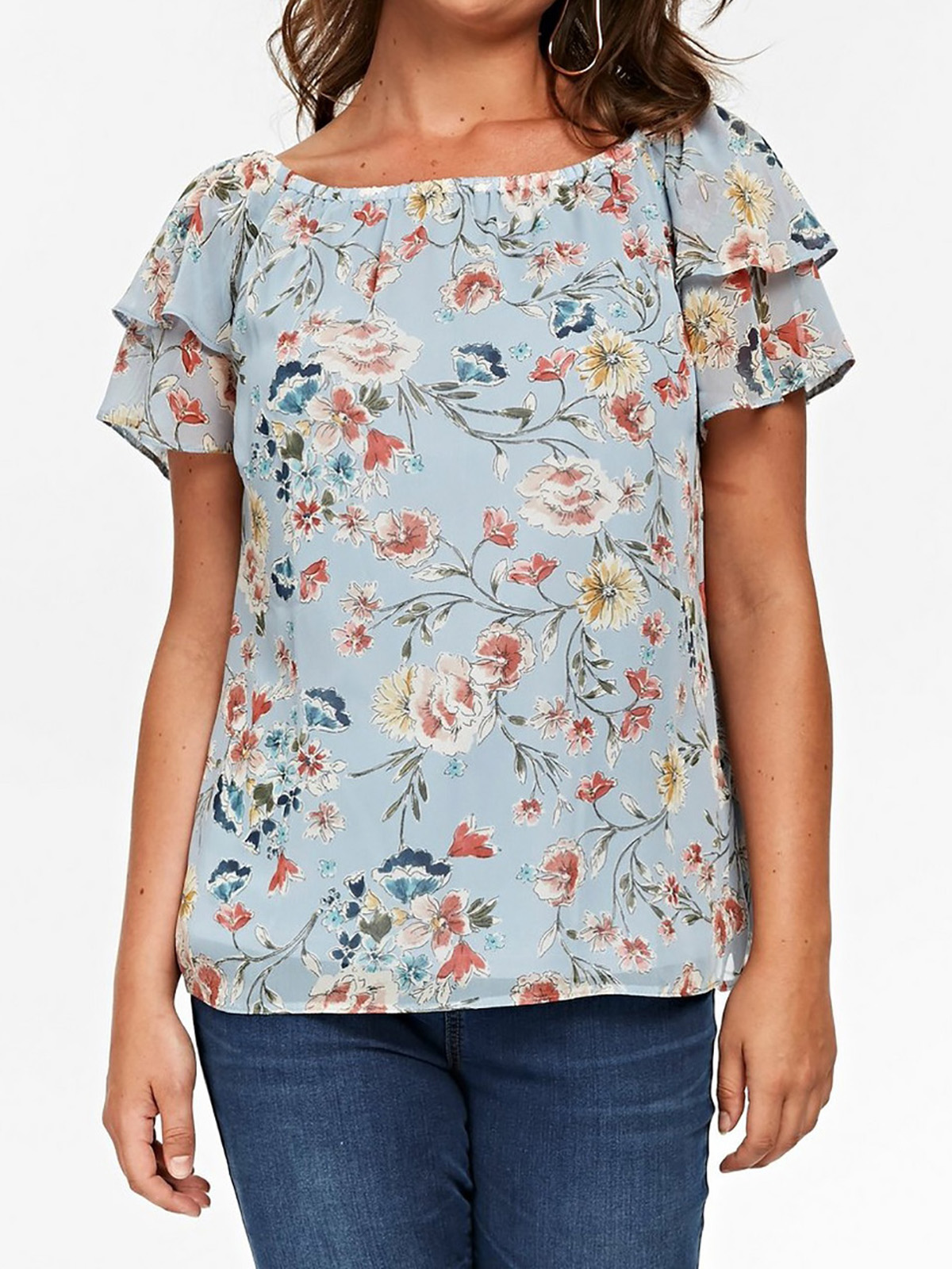 3VANS LIGHT BLUE Floral Print Off Shoulder Top Plus Size 18 to 28