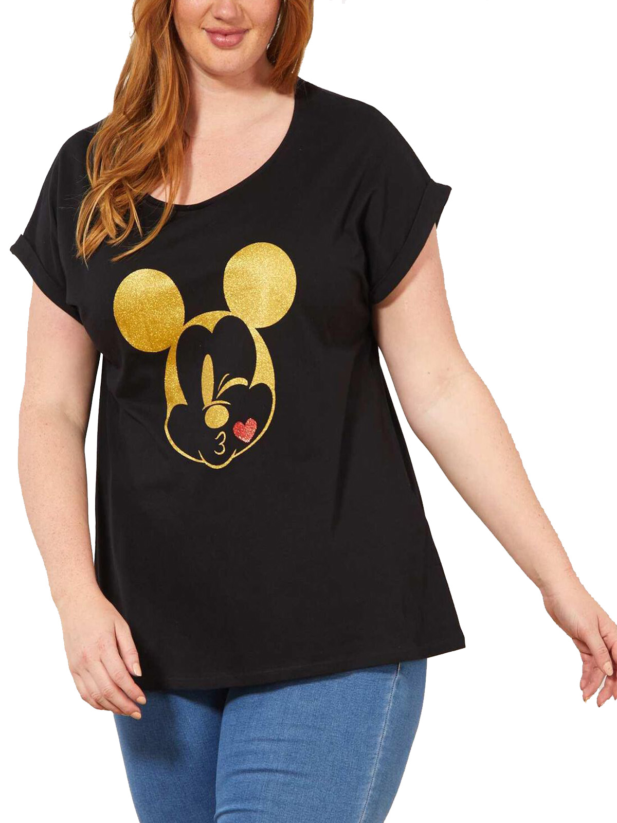 KIABI - - Disney BLACK Gold Print MICKEY MOUSE Cotton T-Shirt - Plus Size  20/22 to 32/34 (