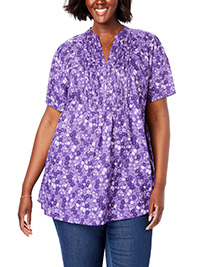 Woman Within PURPLE Floral Print Pintucked Half-Button Tunic - Plus Size 20/22 to 36/38 (US L to 4X)