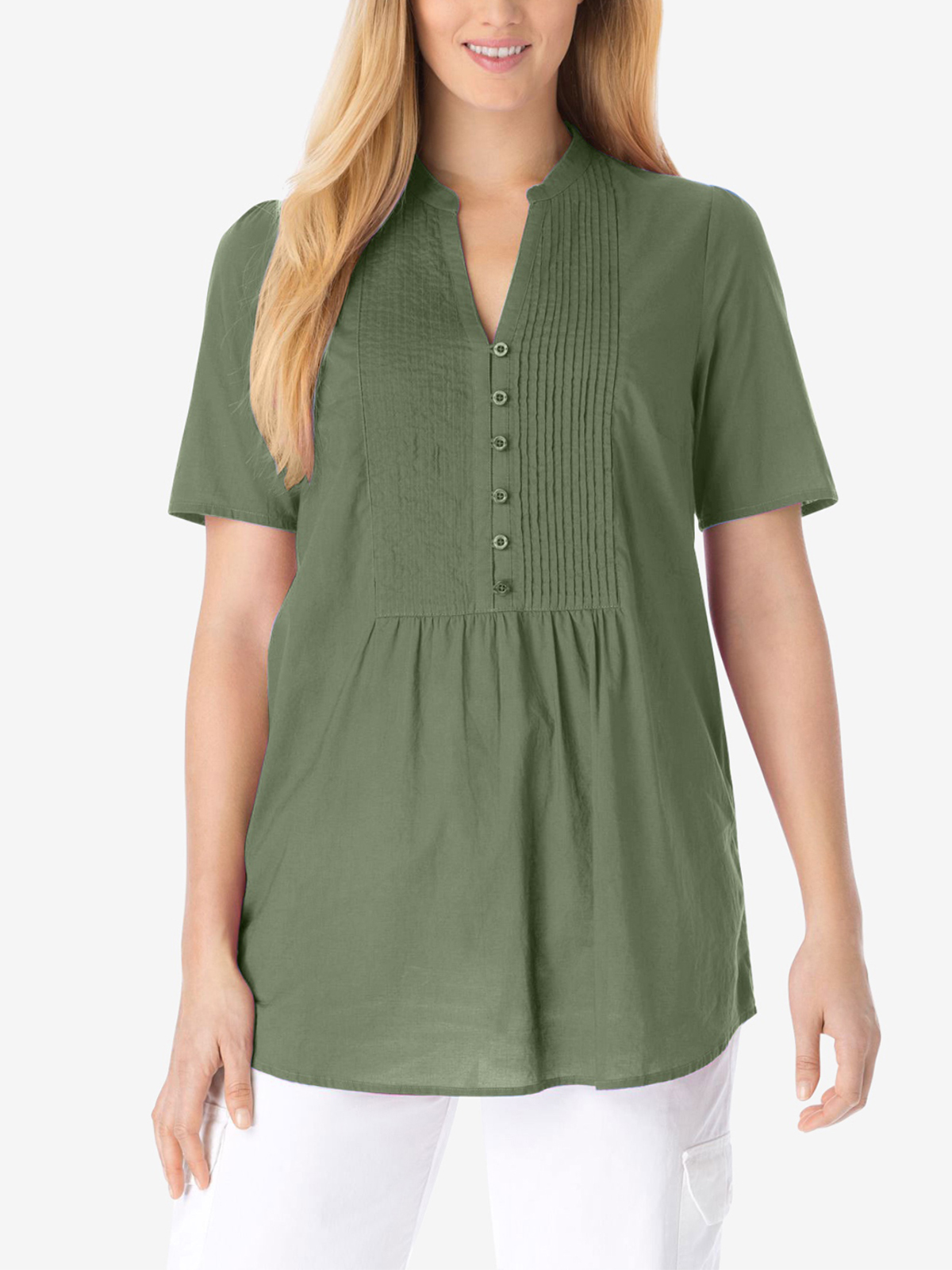 Woman Within - - Woman Within OLIVE Greeen A-Line Half-Button Pintuck ...