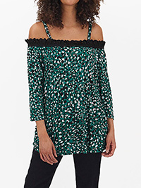 GREEN Print Crochet Hem 3/4 Sleeve Cold Shoulder Top - Plus Size 22 to 24