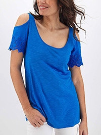AZURE-BLUE Broderie Cold Shoulder Top - Plus Size 16 to 20