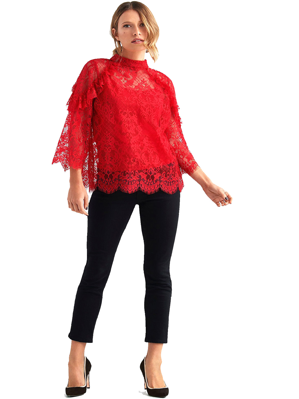 Ellos Ellos Red Gemma Ruffle Trim High Neck Lace Blouse Plus Size To Eu To