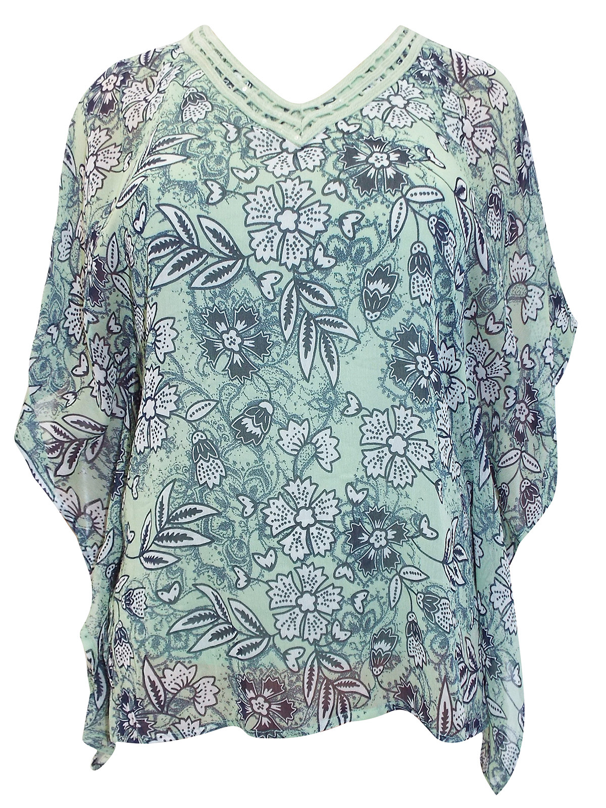 Gina Benotti - - Gina Benotti GREEN Floral Print Kaftan Sleeve Top ...