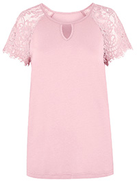 PINK Lace Sleeve Keyhole T-Shirt - Plus Size 18 to 22