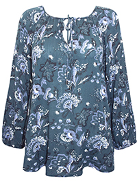 BLUE Floral Print Tie Neck Top - Size 10/12 to 22/24 (S to XL)