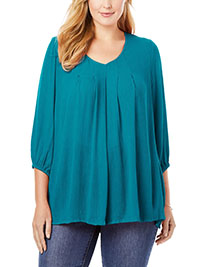 Woman Within TURQUOISE V-Neck 3/4 Sleeve Top - Plus Size 16/18 to 40/42 (US M to 5X)