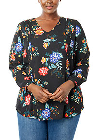 Woman Within BLACK Floral Pintucked V-Neck Blouse - Plus Size 16/18 to 28/30 (US M to 2X)