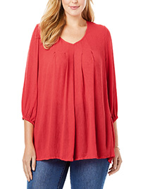 Woman Within CORAL V-Neck 3/4 Sleeve Pleated Blouse - Plus Size 16/18 to 40/42 (US M to 5X)