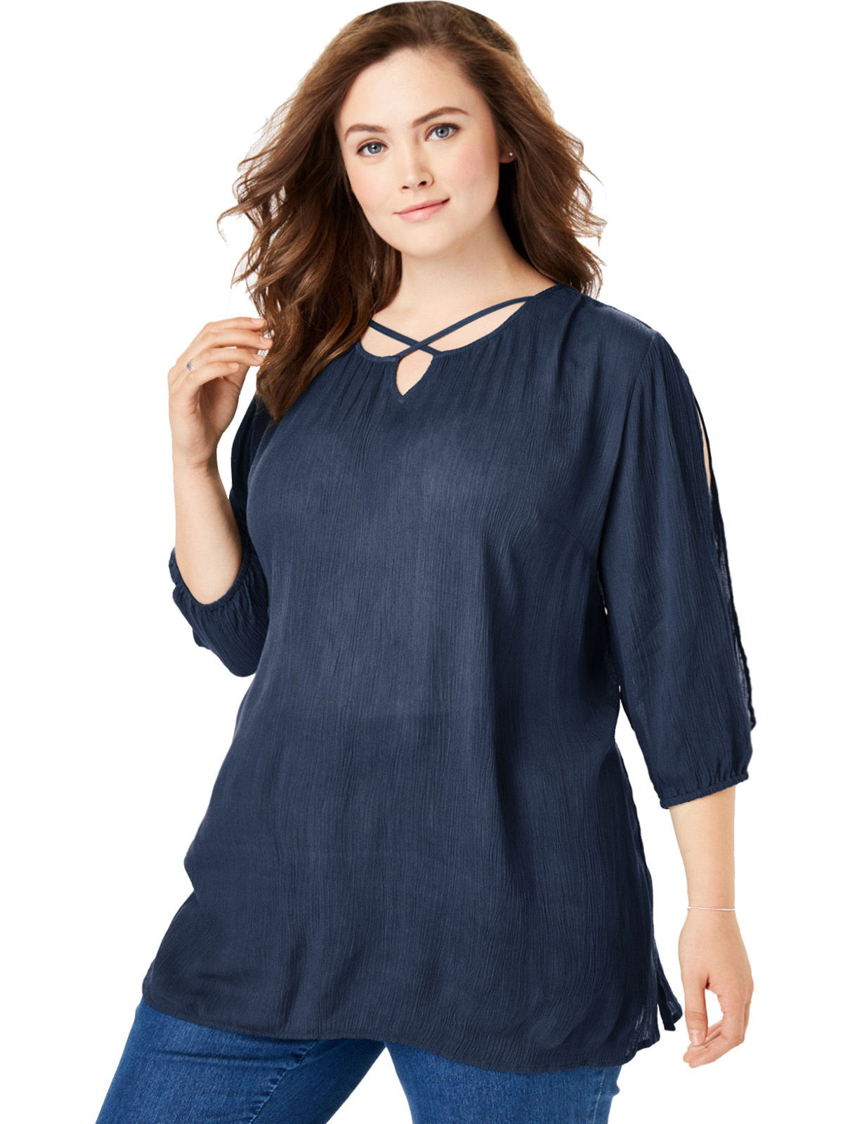 Woman Within - - Woman Within NAVY Crinkle Gauze Slit Sleeve Blouse ...