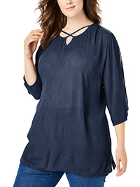Woman Within NAVY Crinkle Gauze Slit Sleeve Blouse - Plus Size 16/18 to 28/30 (US M to 2X)