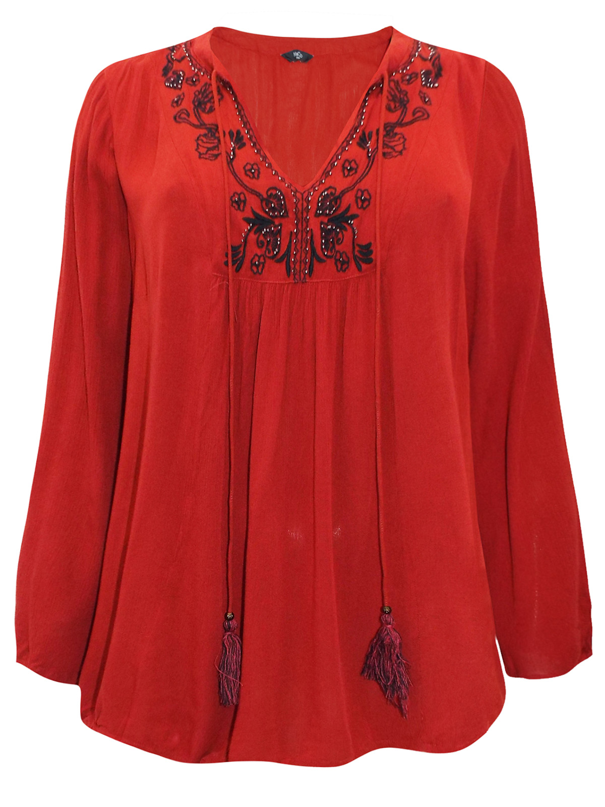 M&Co - - M&Co RUST Embroidered Tassel Top - Plus Size 18 to 28