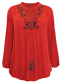 M&Co RUST Embroidered Tassel Top - Plus Size 18 to 28