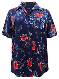 Penningtons NAVY Floral Print Short Sleeve Blouse - Plus Size 16/18 to 34 (X to 5X)
