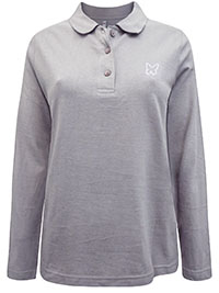 Blancheporte GREY Pure Cotton Diamante Butterfly Long Sleeve Polo Shirt - Size 8/10 to 28 (EU 34/36 to 54)