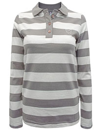 Blancheporte GREY Pure Cotton Striped Diamante Butterfly Long Sleeve Polo Shirt - Size 8/10 to 28 (EU 34/36 to 54)