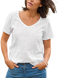 WHITE Pure Cotton Broderie Front Top - Size 6/8 to 24 (EU 34/36 to 52)
