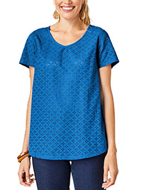 BLUE Pure Cotton Broderie Front Top - Size 6/8 to 18/20 (EU 34/36 to 46/48)