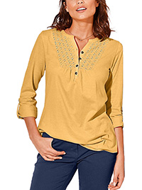 OCHRE Pure Cotton Broderie Yoke Button Front Roll Sleeve Top - Size 6/8 to 24 (EU 34/36 to 52)