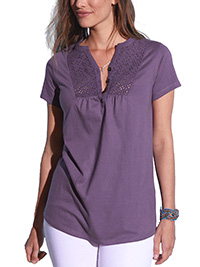 DEEP-PURPLE Pure Cotton Broderie Yoke Button Front Top - Size 10/12 to 26 (EU 38/40 to 54)