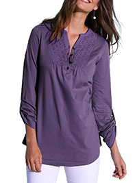 PURPLE Pure Cotton Broderie Yoke Button Front Roll Sleeve Top - Size 6/8 to 26 (EU 34/36 to 54)