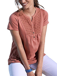 DUSKY-PINK Pure Cotton Broderie Yoke Button Front Top - Size 6/8 to 26 (EU 34/36 to 54)