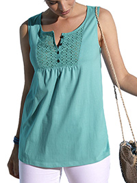 GREEN Pure Cotton Sleeveless Broderie Yoke Button Front Top - Size 6/8 to 26 (EU 34/36 to 54)