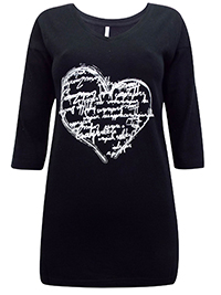 Blancheporte BLACK Pure Cotton 3/4 Sleeve Heart Top - Size 8/10 to 30 (EU 34/36 to 56)