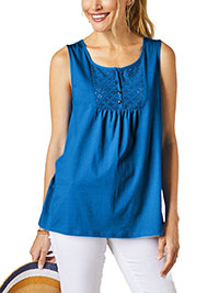 BLUE Pure Cotton Sleeveless Broderie Yoke Button Front Top - Size 6/8 to 24 (EU 34/36 to 52)